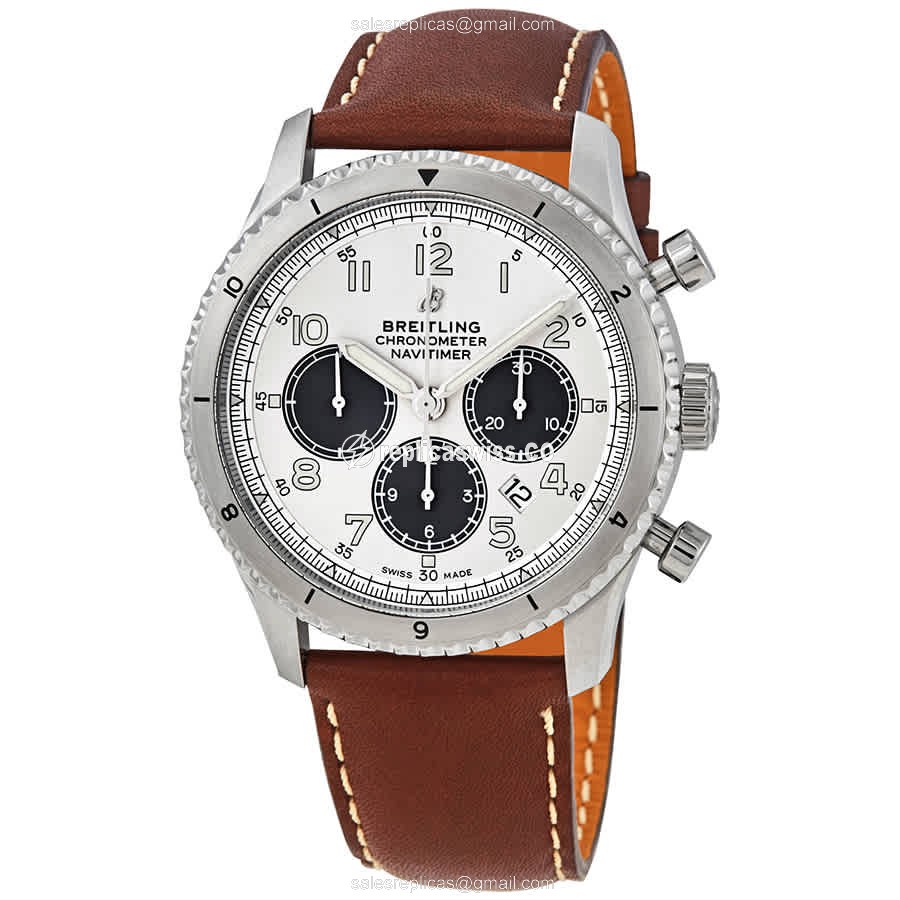 Breitling Aviator 8 Replica - Automatic - Stainless Steel - Silver Dial - Brown Cowhide Strap