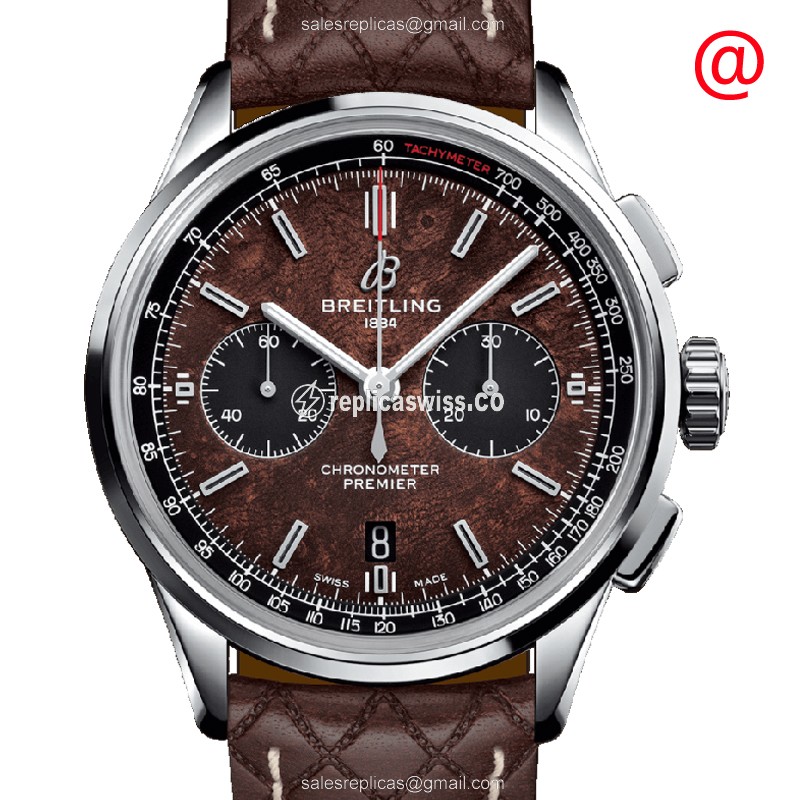 Breitling Premier Replica - Automatic - Brown Dial - Steel Case - Brown Leather Strap