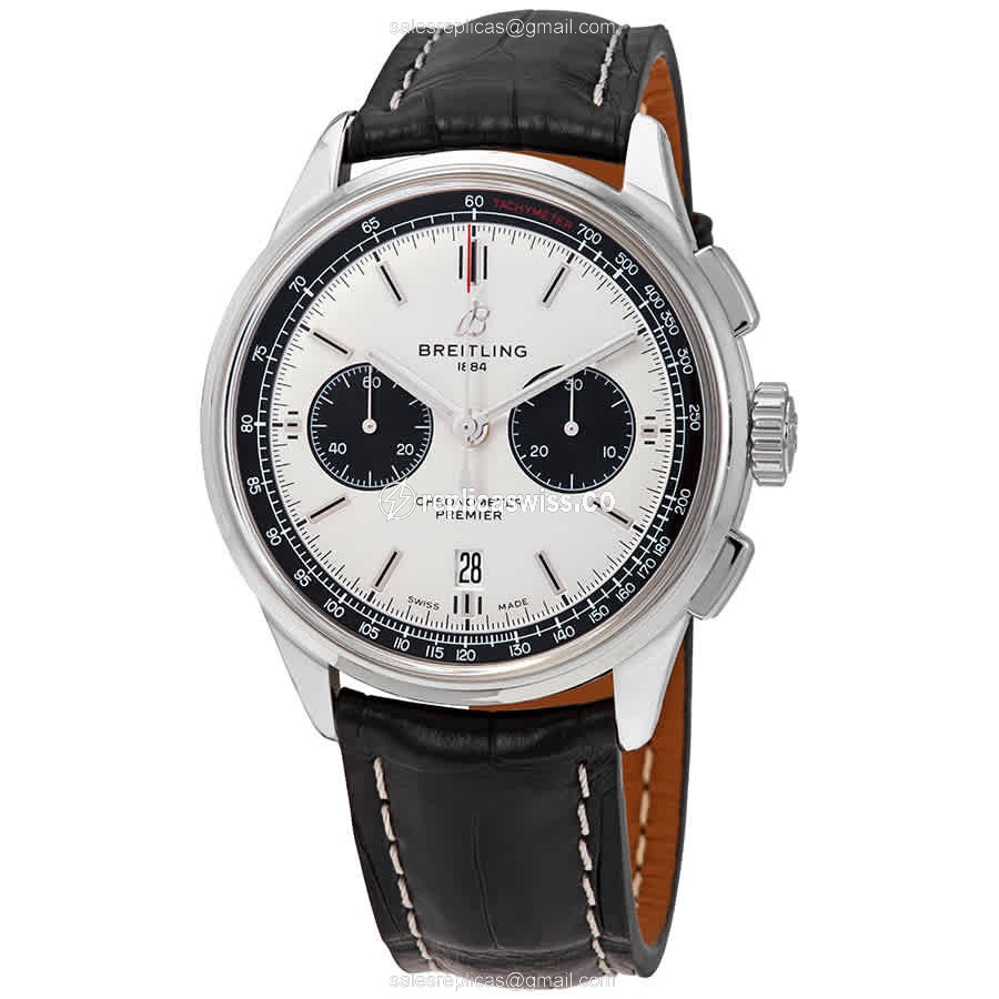 Breitling Premier Replica - Automatic - Steel Case - Silver Dial - Black Alligator Strap