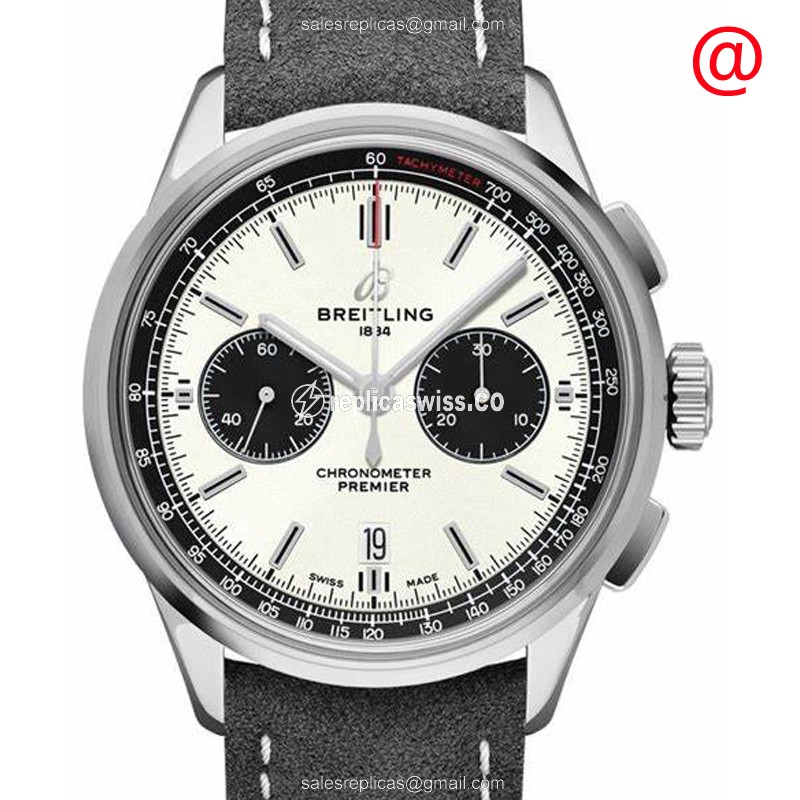 Breitling Premier Replica - Automatic - Stainless Steel - Silver Dial - Black Leather Strap - Luxury Replica PREMIER Watch