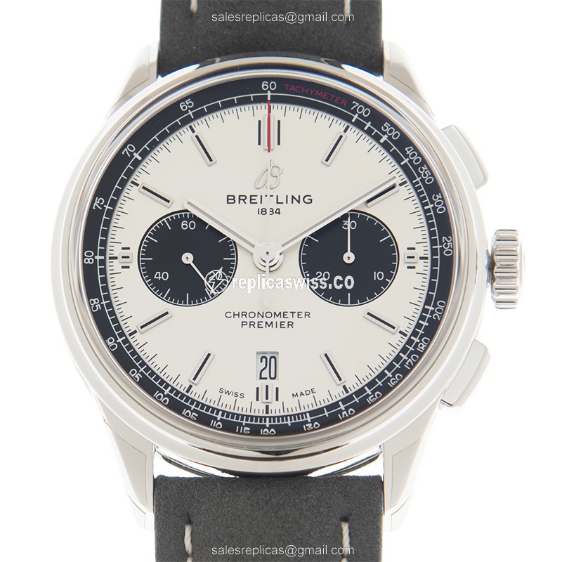 Breitling Premier AB0118221G1X2 - Automatic - Stainless Steel - White Dial - Leather Grey Strap