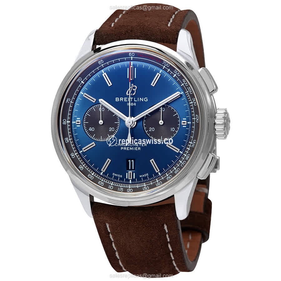 Breitling Premier AB0118A61C1X1 - Automatic - Blue Dial - Steel Case - Brown Cowhide Strap - Luxury Replica PREMIER Watch
