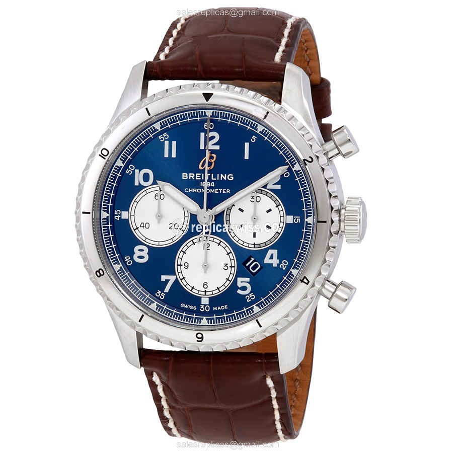 Breitling AVIATOR 8 Replica - Automatic - Steel Case - Blue Dial - Brown Alligator Strap