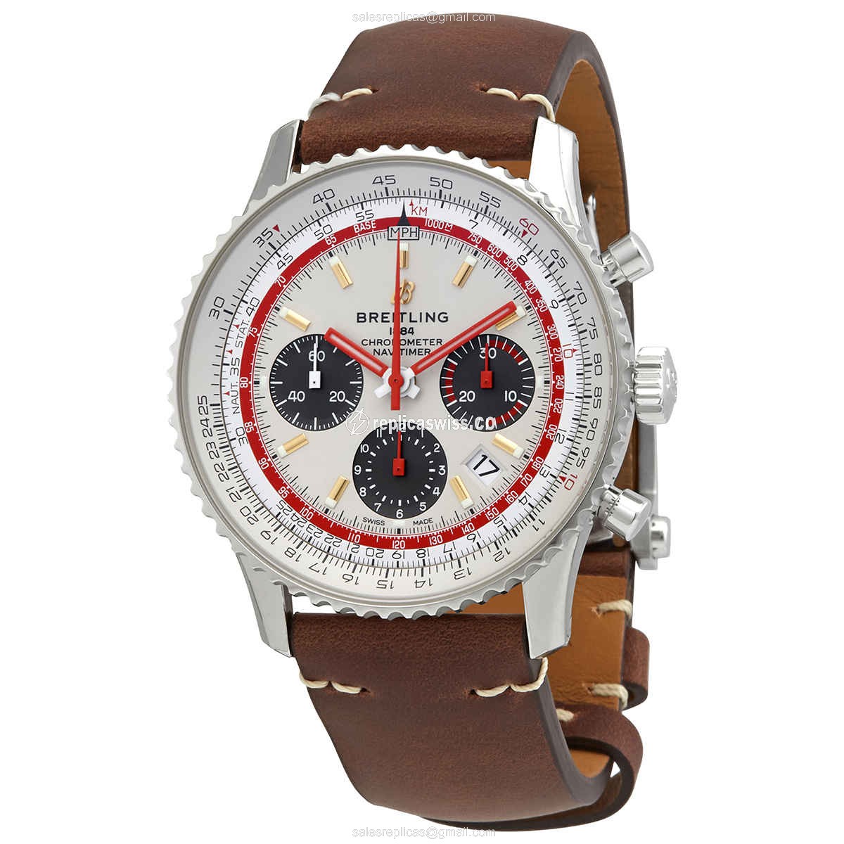 Breitling NAVITIMER 1 Replica - Automatic - Steel Case - Silver Dial - Brown Leather Strap - Luxury Replica NAVITIMER 1 Watch