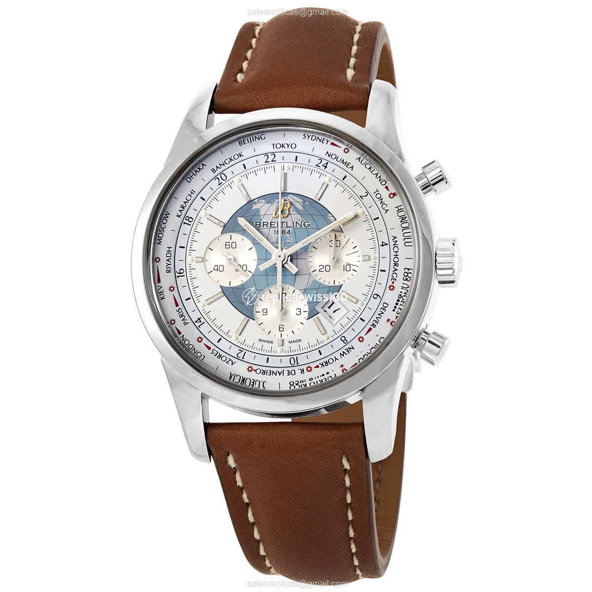 Breitling Transocean Chrono Replica - Automatic - Stainless Steel - White Dial - Brown Leather Strap