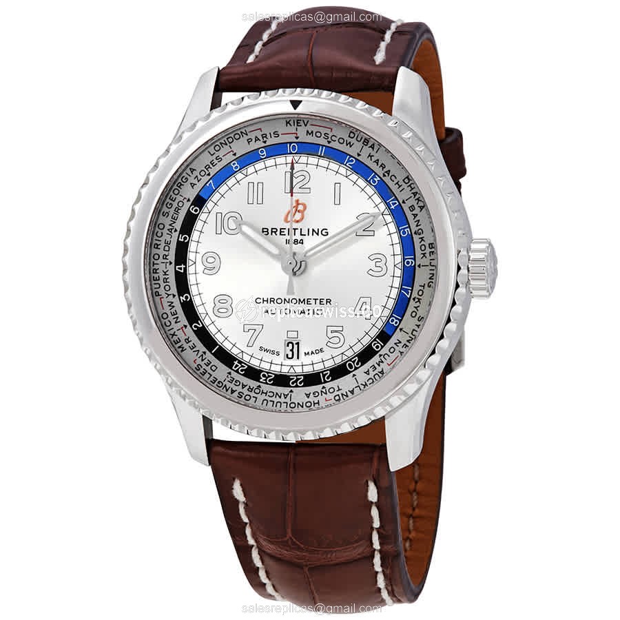 Breitling AVIATOR 8 Replica - Automatic - Steel Case - Silver Dial - Brown Alligator Strap