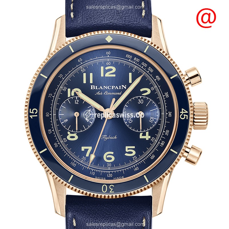 Blancpain AC02-36B40-63B Replica - Auto - 18kt Rose Gold - Blue Dial - Blue Cowhide Strap - Luxury Replica AIR COMMAND Watch