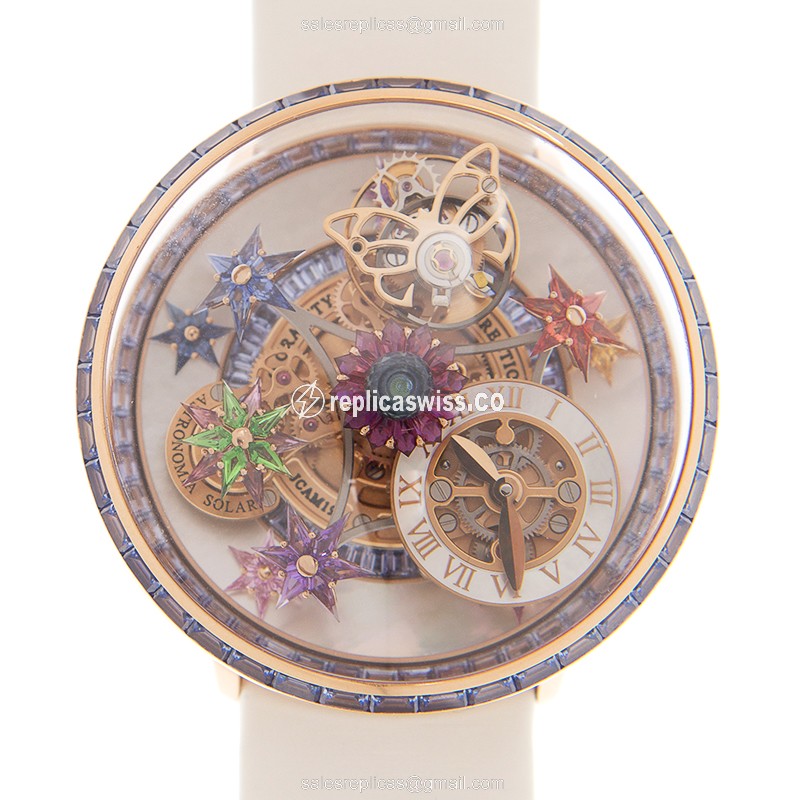 Jacob & Co. FLEURS DE JARDIN Replica - Manual - 18kt Rose Gold - Sapphire Dial - White Leather Strap