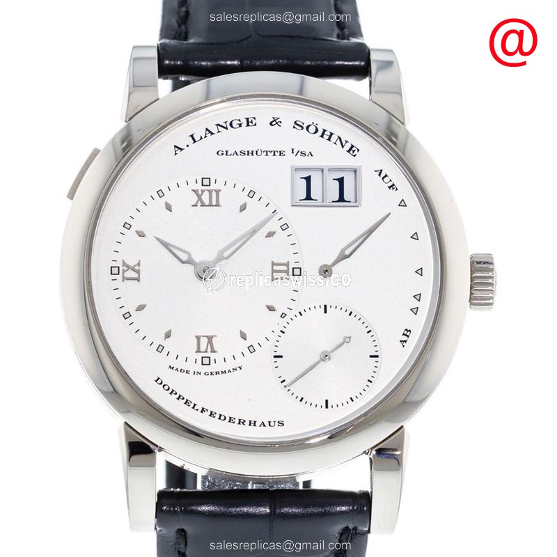 A Lange & Sohne LANGE 1 Manual Wind - 18kt White Gold - White Dial - Alligator Black Strap - Luxury Replica LANGE 1 Watch