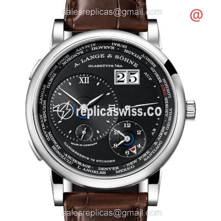 A Lange & Sohne LANGE 1 Manual Wind - 18kt Gold - Black Dial - Brown Alligator Strap - Luxury Replica LANGE 1 TIME ZONE Watch