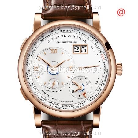 A Lange & Sohne LANGE 1 Manual Wind - Rose Gold Case - Silver Dial - Brown Leather Strap - Luxury Replica LANGE 1 TIME ZONE Watch