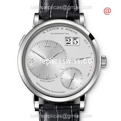 A Lange & Sohne LANGE 1 Replica - Manual - Silver Dial - Platinum - Black Leather Strap - Luxury Replica LANGE 1 Watch