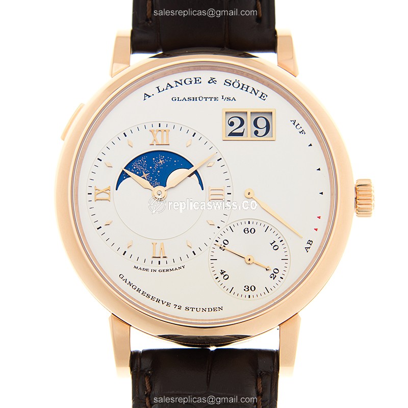 A Lange & Sohne LANGE 1 Manual Wind 18kt Rose Gold - White Dial, Brown Alligator Strap - Luxury Replica LANGE 1 Watch