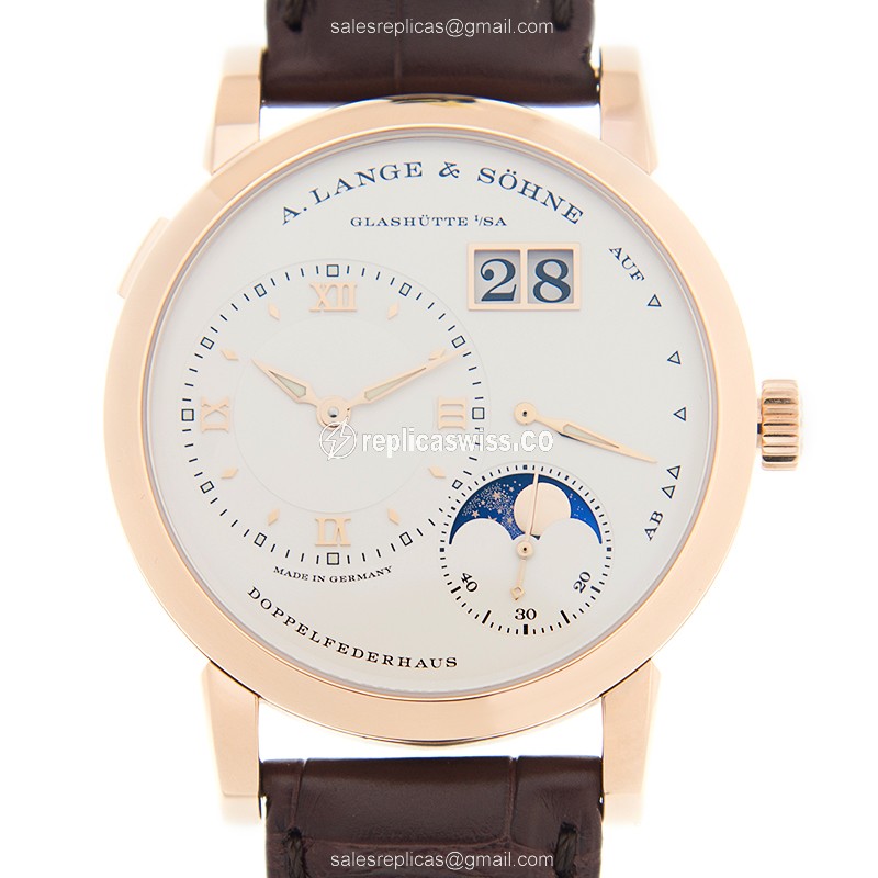A Lange & Sohne LANGE 1 Replica - Automatic - 18kt Rose Gold - White Dial - Brown Alligator Strap