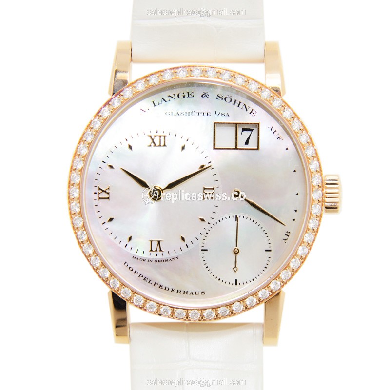 A Lange & Sohne LANGE 1 Replica - Manual Wind - 18kt Rose Gold - Diamond Set - Silver Dial - Alligator White Strap