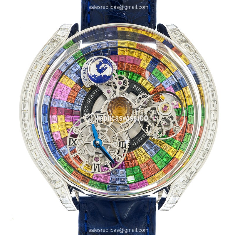 Jacob & Co AS800.30.BD.UC.ABALA Solar - Manual Wind - 18kt White Gold - Diamond Skull - Blue Alligator Strap