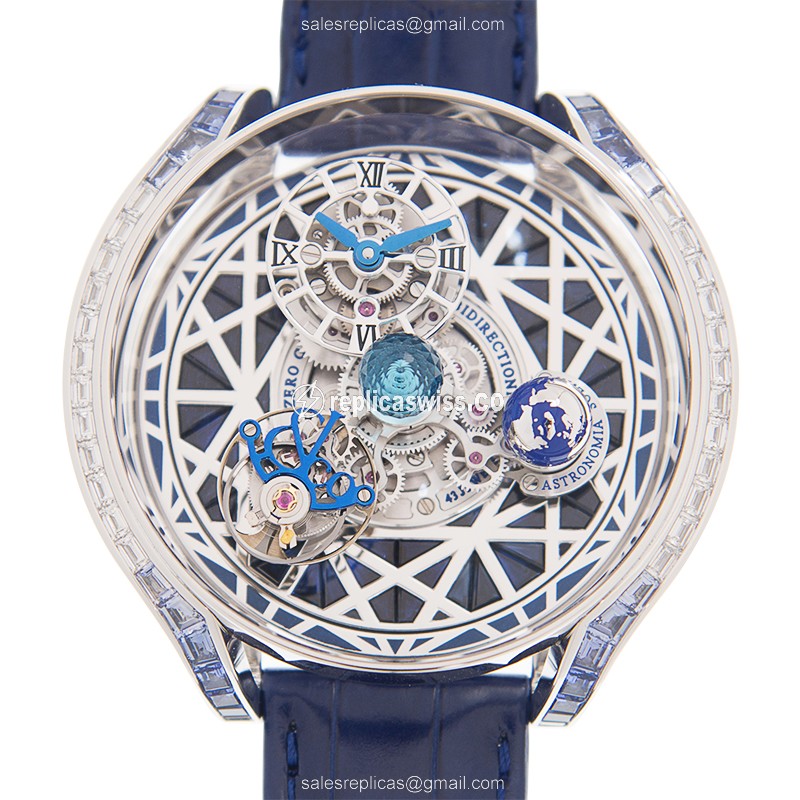 Jacob & Co AS800.30 Replica - Solar Auto - 18kt White Gold - Diamond Skull - Blue Leather Strap