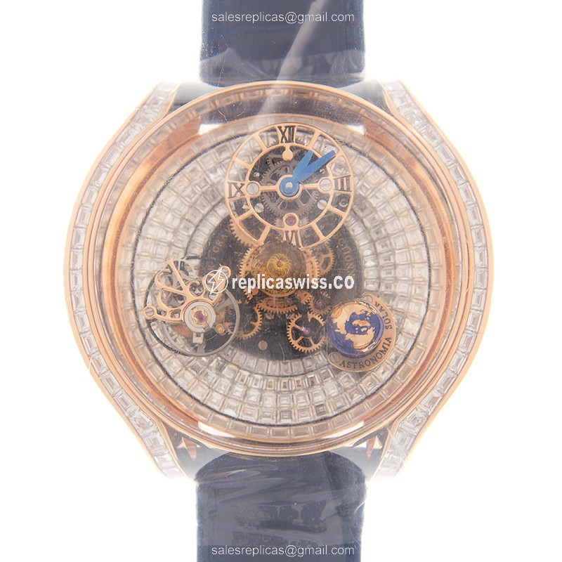 Jacob & Co AS900.40.BD.BD.A Replica - Manual Wind - 18kt Rose Gold - Diamond - Silver Dial - Blue Alligator Strap