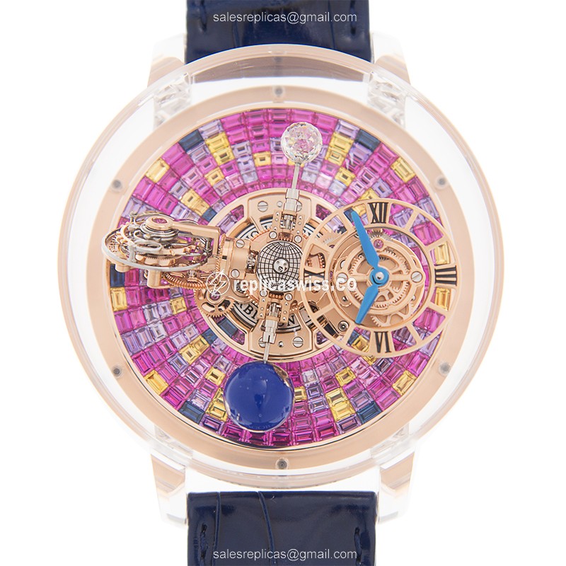 Jacob & Co ASTRONOMIA Replica - Auto - 18kt Rose Gold - Pink Dial - Blue Leather Strap