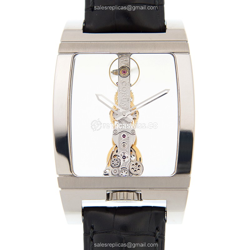 Corum B113/03440 BRIDGE Manual - Steel Case - Skull Dial - Black Leather Strap - Buckle Clasp