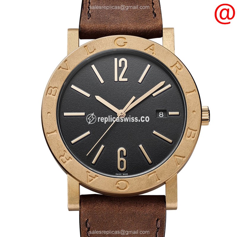 Bulgari 102931 Replica - Automatic - Bronze Case - Black Dial - Brown Leather Strap