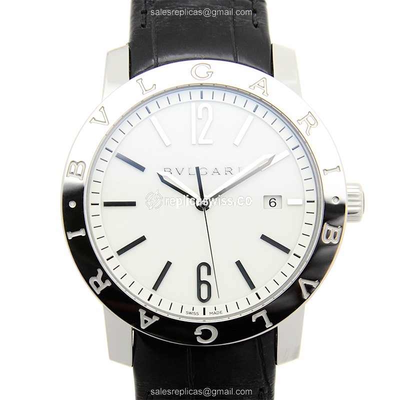 Bulgari BB41WSLD Replica - Automatic - Stainless Steel - White Dial - Black Alligator Strap - Luxury Replica BULGARI Watch