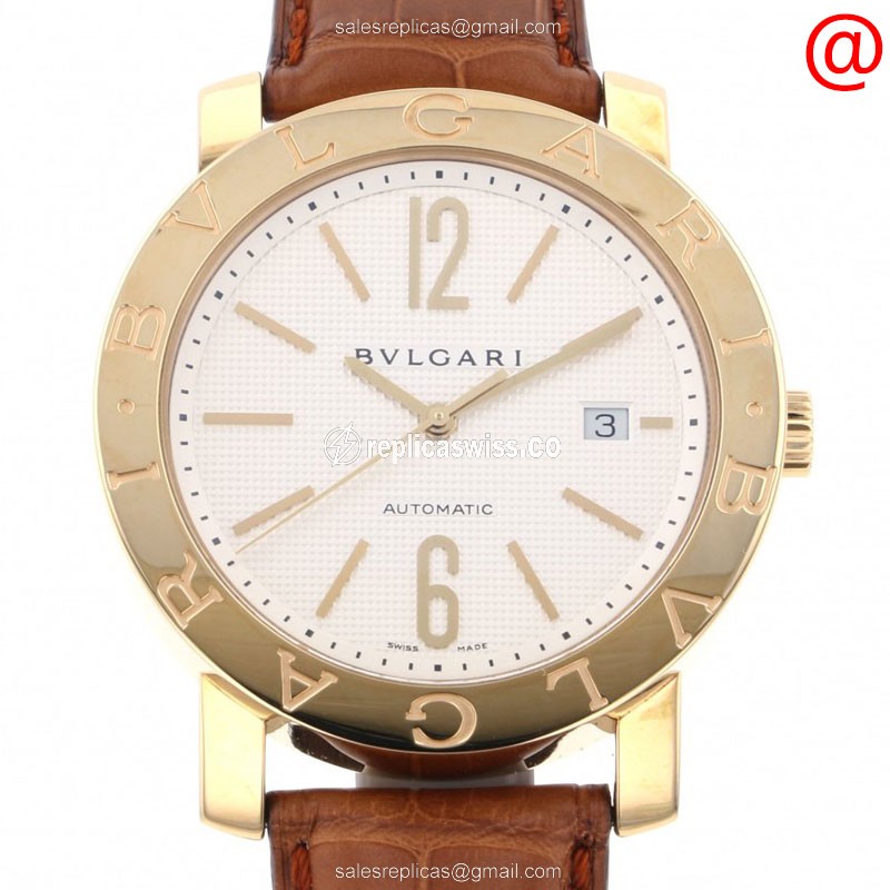 Bulgari 101404 Replica - Automatic - 18kt Gold - White Dial - Brown Alligator Strap