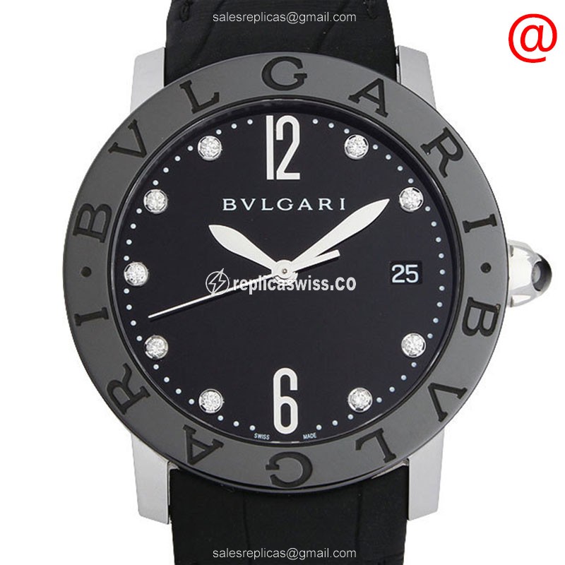 Bulgari 102054 Replica - Automatic - Steel Case - Black Dial - Alligator Black Strap - Luxury Replica BULGARI Watch