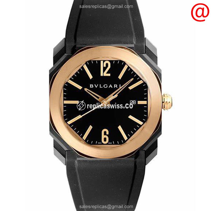 Bulgari OCTO ROMA Replica - Automatic - 18kt Rose Gold - Black Dial - Rubber Strap