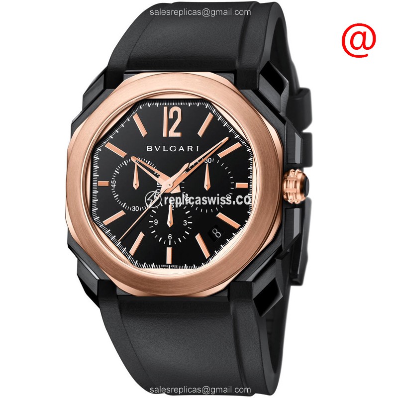 Bulgari OCTO FINISSIMO Replica - Automatic - 18kt Rose Gold - Black Dial - Rubber Strap - Luxury Replica OCTO FINISSIMO Watch