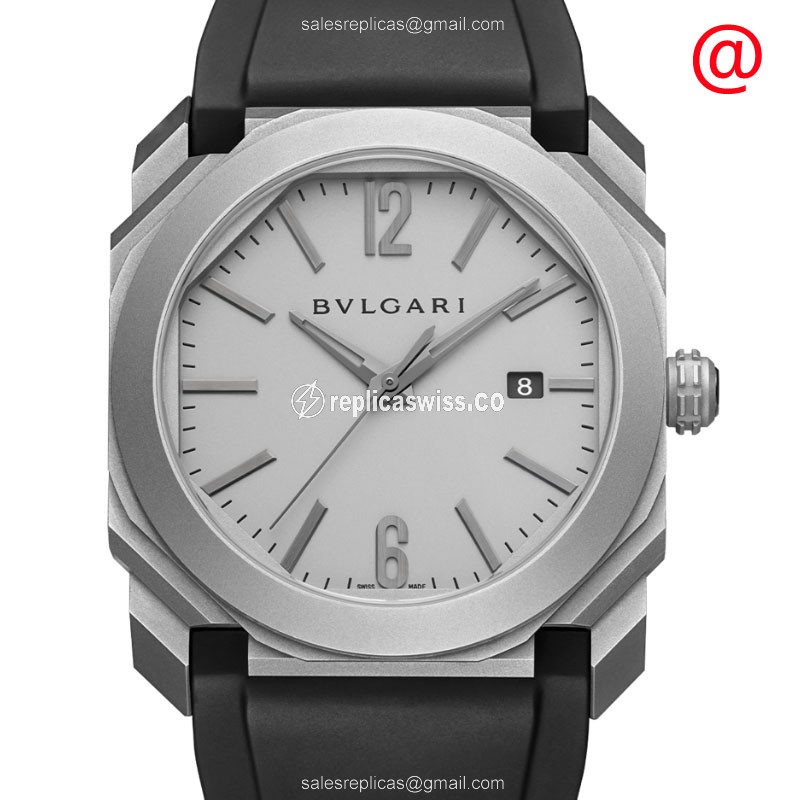 Bulgari 102858 OCTO SoloTempo Replica - Automatic - Titanium - White Dial - Black Rubber Buckle - Luxury Replica OCTO SOLOTEMPO Watch