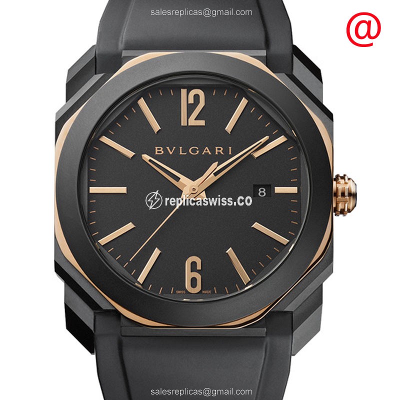 Bulgari 103085 OCTO ROMA Replica - Automatic 18kt Rose Gold - Black Ceramic - Rubber Strap - Buckle Clasp
