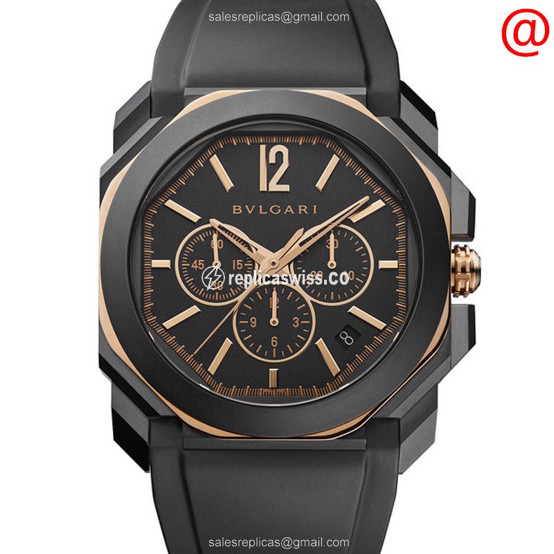 Bulgari 103075 Octo Velocissimo Replica - Automatic 18kt Rose/Steel - Black Dial - Rubber Strap