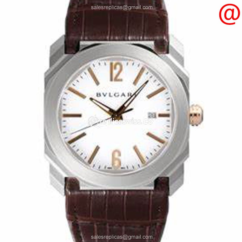 Bulgari Octo Velocissимо Replica - Automatic - Steel Case - White Dial - Brown Alligator Strap - Luxury Replica OCTO VELOCISSIMO Watch