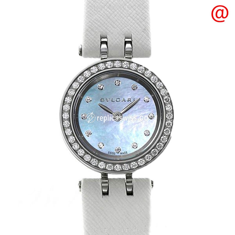 Bulgari B.ZERO1 Replica - Quartz - Stainless Steel Case - Blue Dial - Diamond Accents - White Leather Strap - Luxury Replica B.ZERO1 Watch
