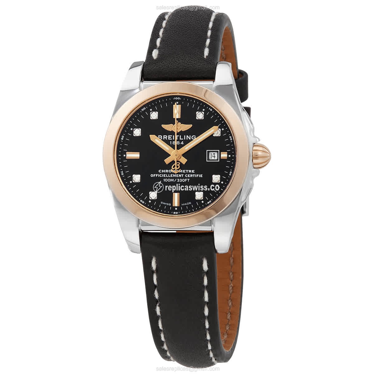 Breitling Galactic Replica - Quartz - Black Dial - Leather White Strap - Buckle Clasp