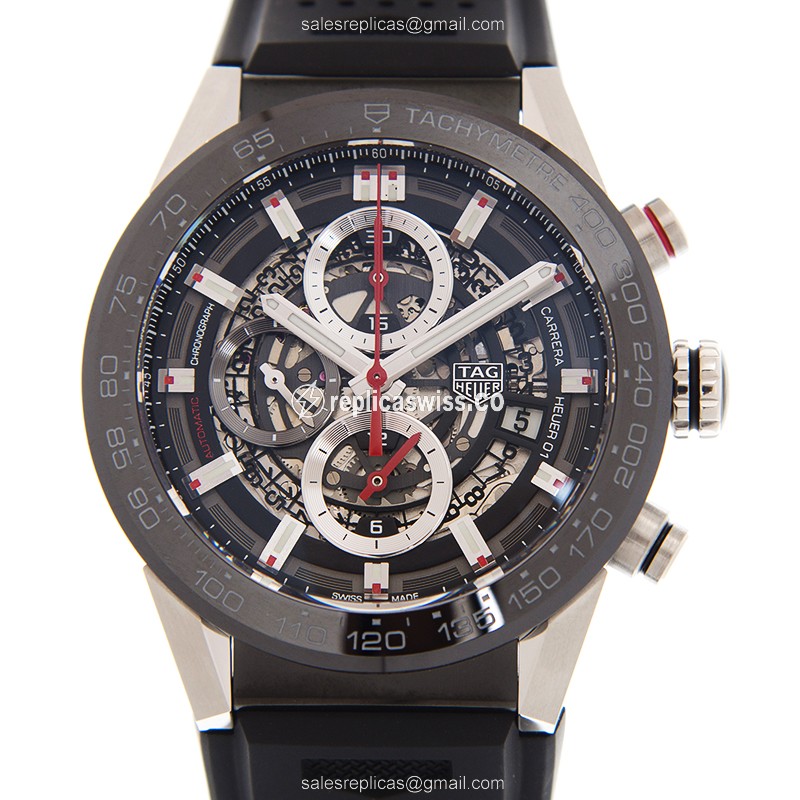 Automatic Tag Heuer Carrera Replica - Ceramic Case - Skull Dial - Black Rubber Strap - Buckle Clasp