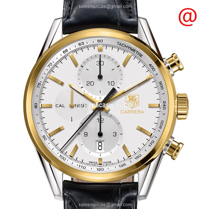 Watch Tag Heuer CARRERA Replica - Automatic - 18kt Gold/Steel - White Dial - Alligator Black