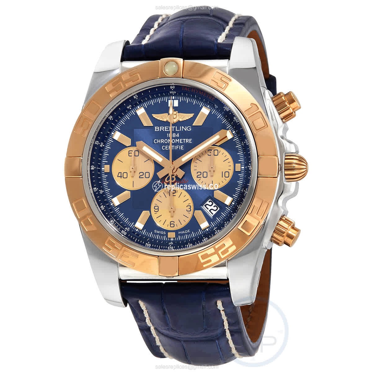 Breitling CHRONOMAT B01 Replica - Auto - Gold-Plated & Steel Case - Blue Dial, Blue Alligator Strap