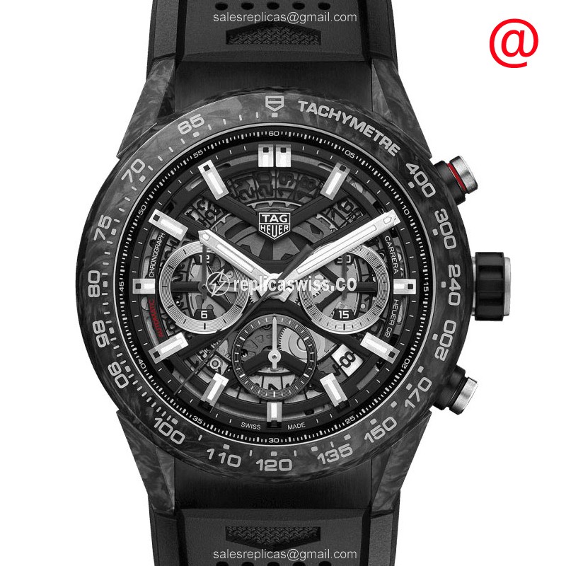 Tag Heuer CARRERA Replica - Automatic - Black Dial - Steel Case - Black Rubber Strap - Buckle Clasp