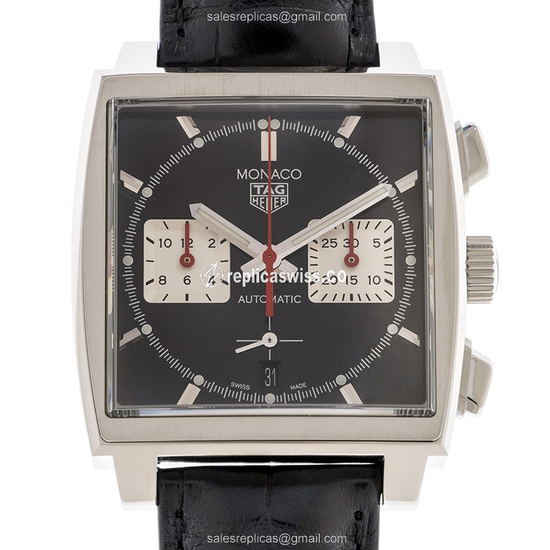 Automatic Tag Heuer MANACO Replica - Steel Case - Black Dial - Alligator Black Strap - Luxury Replica MANACO Watch
