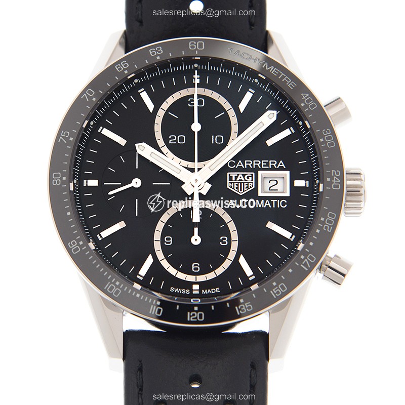 Tag Heuer CARRERA Replica - Automatic - Steel Case - Black Dial - Leather Strap