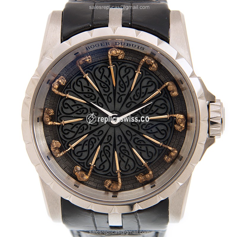 Roger Dubuis DBEX0495 EXCALIBUR - Automatic 18kt Gold - Black Dial - Alligator Black Strap - Luxury Replica EXCALIBUR Watch