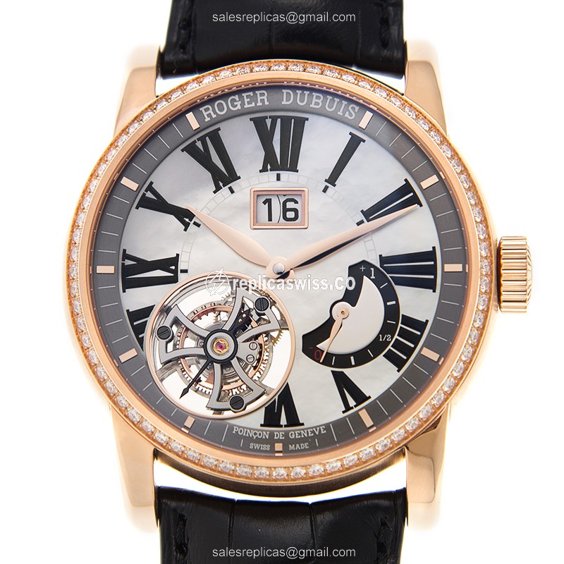 Roger Dubuis DBHO0579 HOMMAGE - Manual Wind - 18kt Rose Gold - Diamonds - White Dial - Black Alligator Strap - Luxury Replica HOMMAGE Watch