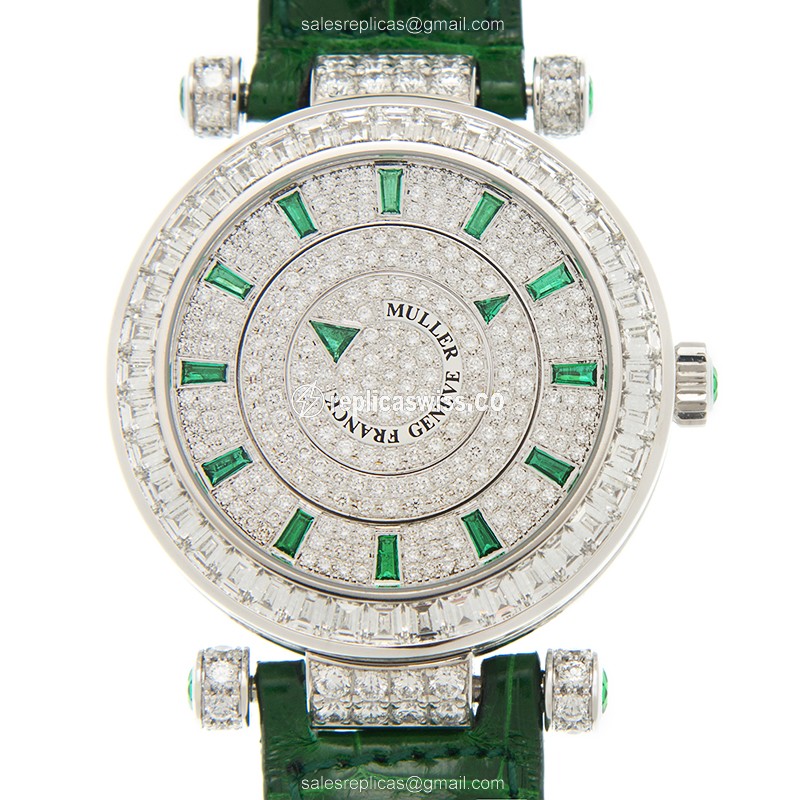Franck Muller DBL MYST BAG C BAG 36 - Auto - 18kt White Gold - Diamond - Silver Dial - Green Alligator Buckle