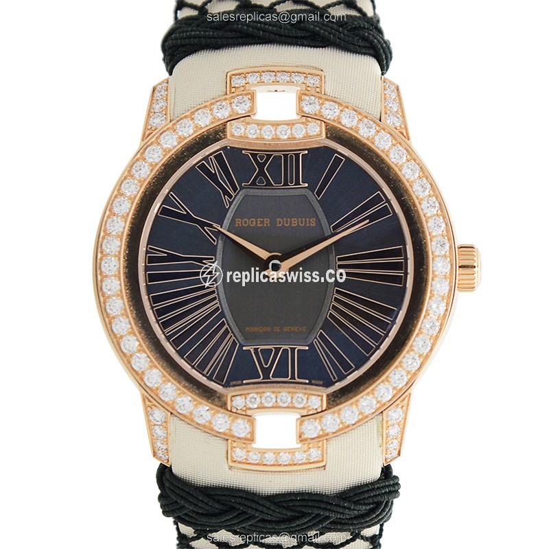 Roger Dubuis RDDBVE0015 Replica - Automatic 18kt Rose Gold - Diamond Accents - Black Dial - Satin Black Strap - Luxury Replica VELVET Watch