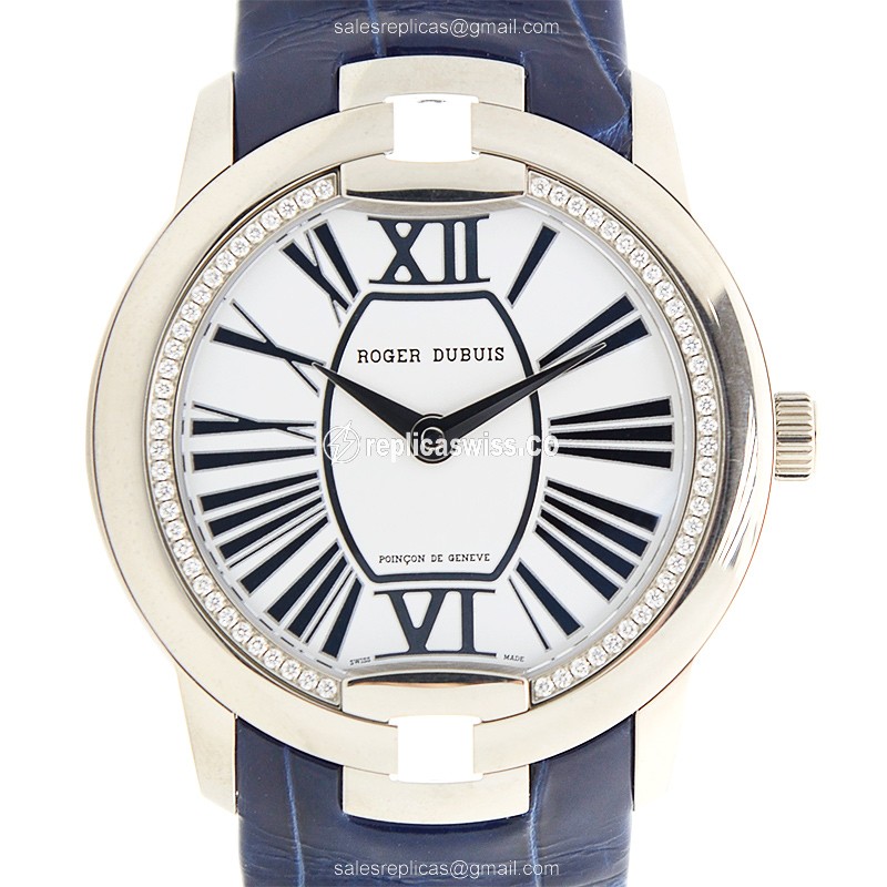 Roger Dubuis RDDBVE0034 Replica - Automatic - 18kt White Gold - White Dial - Blue Alligator Strap - Luxury Replica VELVET Watch