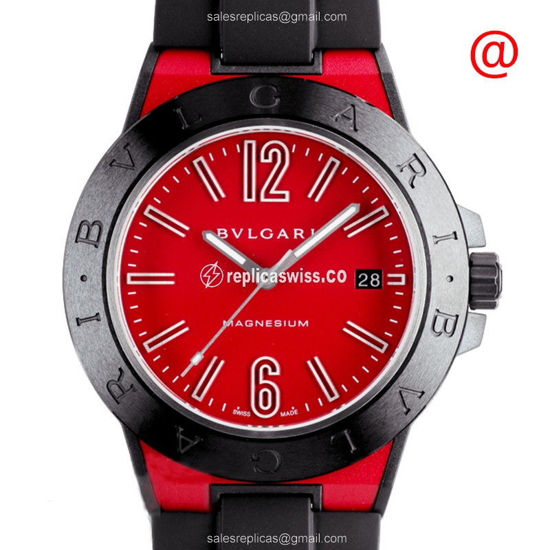 Bulgari Diagono Replica - Automatic - Ceramic - Red Dial - Black Rubber Strap