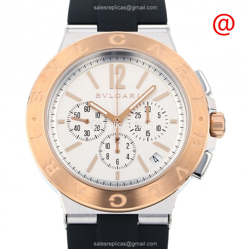 Bulgari DG41WSPGVDCH-SET-BRW Diagono Replica - Automatic - 18kt Rose Gold & Steel Case - White Dial - Black Rubber Strap - Luxury Replica DIAGONO Watch