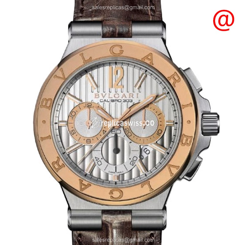 Bulgari 101879 DIAGONO Replica - Automatic - 18kt Rose Gold - Steel Case - Silver Dial - Brown Alligator Strap